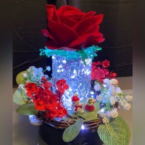 CHRISTMAS/ROSE-THEMED FAUX FLORAL TABLE WREATH/WHITE LED LIGHTS/HANDMADE